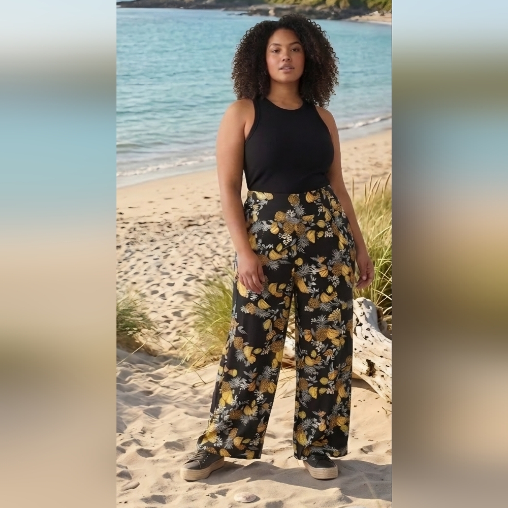 Design Lab 2xl Floral Black and Yellow Women's Wide Leg Pants